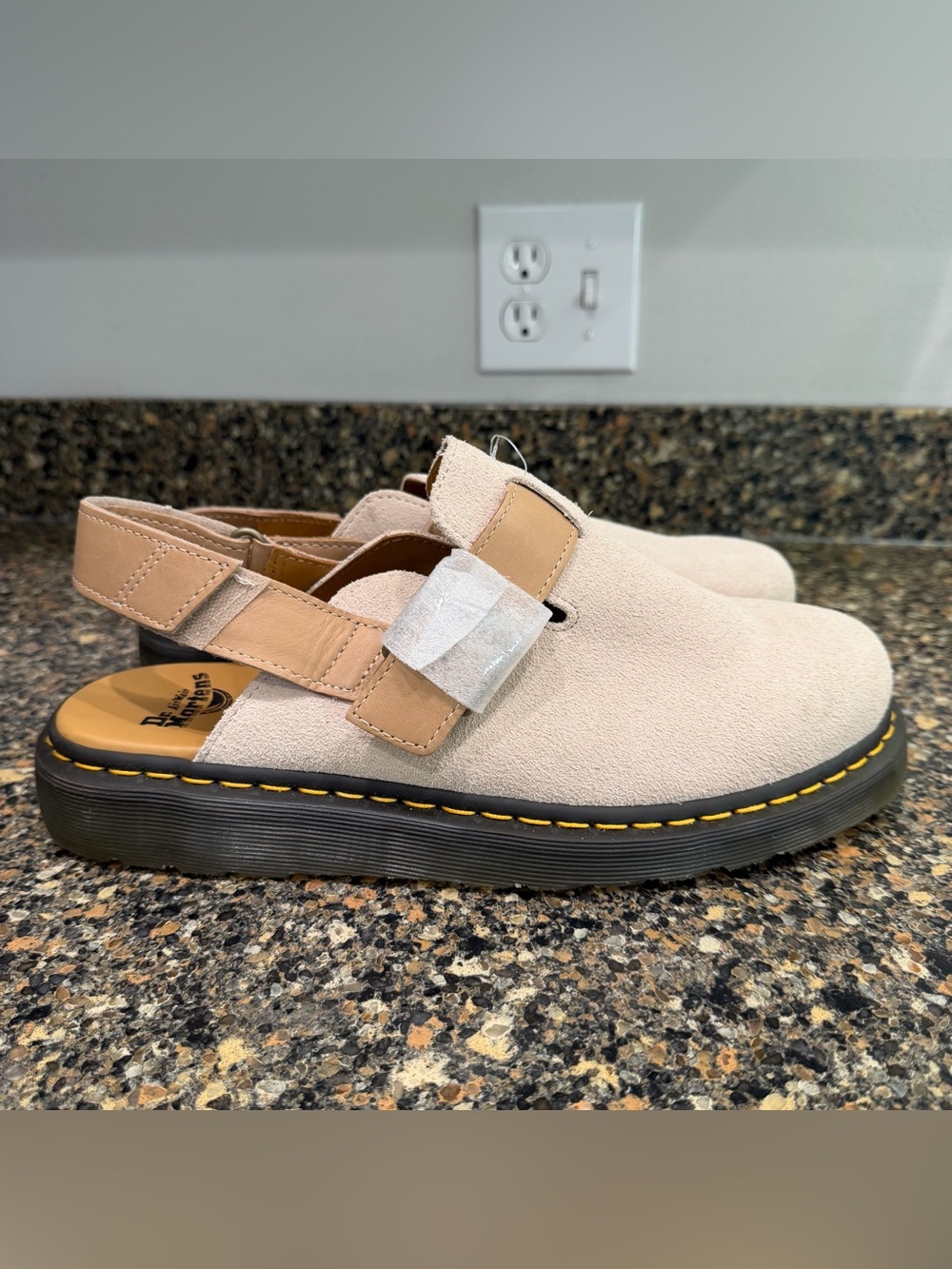Dr martens Jorge Beige Suede Slingback Clog with Yellow Stitching